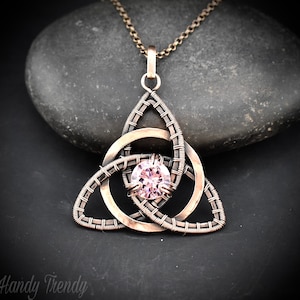 Cubic zirconia triquetra circle pendant, Copper wire wrapped jewellery, Celtic knot necklace, Unique handmade birthday gift, Artisan jewelry