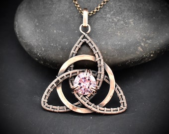 Cubic zirconia triquetra circle pendant, Copper wire wrapped jewellery, Celtic knot necklace, Unique handmade birthday gift, Artisan jewelry