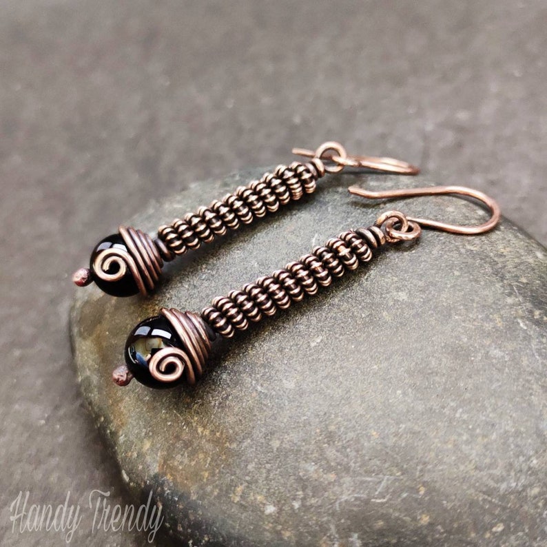 Coiledcoil Onyx Earring Copper Wire Wrapped Dangle Earrings Etsy UK