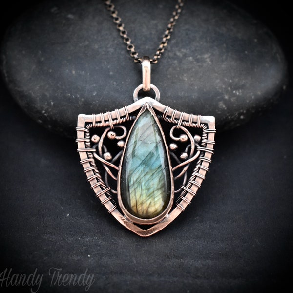 Shield pendant, Multi flash labradorite and copper wire wrapped necklace, Unique handmade birthday gift, One of a kind artisan jewelry