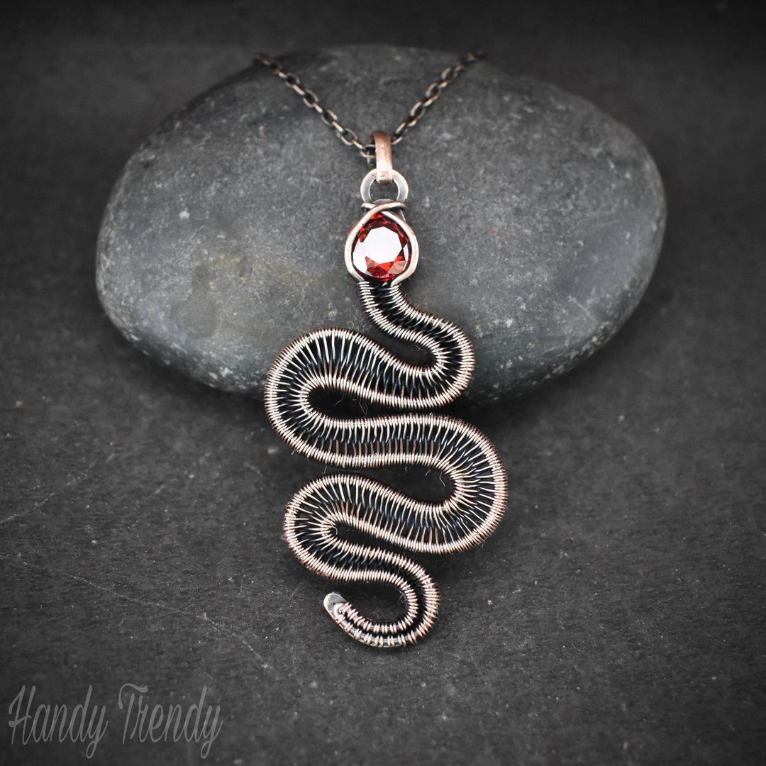 Snake Pendant, Red CZ Copper Wire Wrap Jewelry, Unique Handmade
