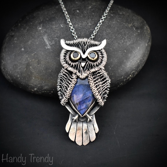 Horned Owl Pendant, 925 Sterling Silver and Blue Labradorite