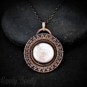 Pink Scolecite wheel pendant, Copper endless wire wrapped necklace, Unique handmade Birthday Gift for Her Mom Sister Friend, Artisan jewelry