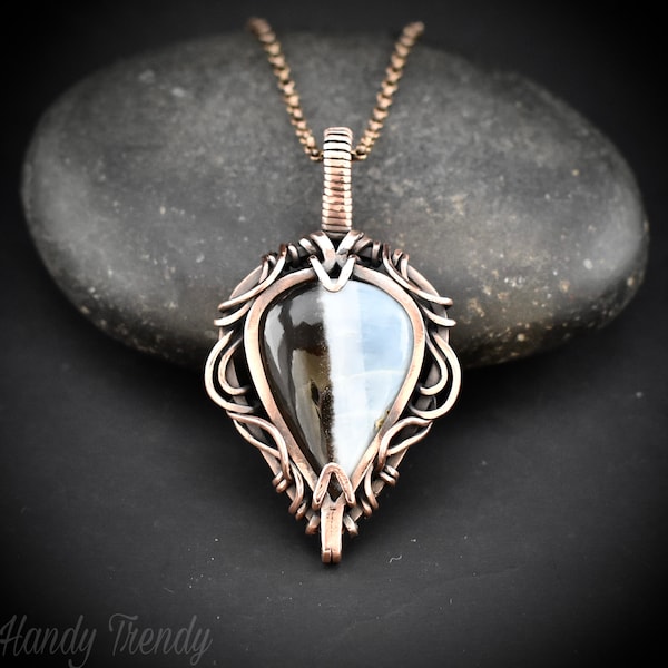 Blue opal pendant, Free flow copper wire wrapped necklace, Unique handmade birthday gift, One of a kind artisan boho jewelry