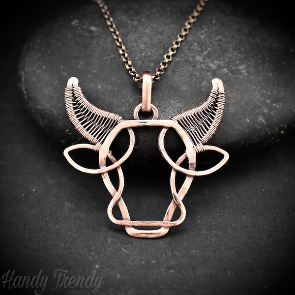 Taurus pendant, Copper wire wrapped necklace, Unique handmade birthday gift, Zodiac bull pendant, One of a kind artisan jewellery