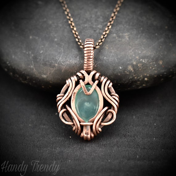 Green Aventurine Pendant, Free Flow Necklace, Copper Wire Wrapped