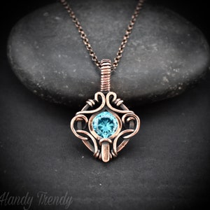 Free flow blue cubic zirconia pendant, Copper Wire wrapped necklace, Unique handmade birthday gift, One of a kind jewelry, Boho style