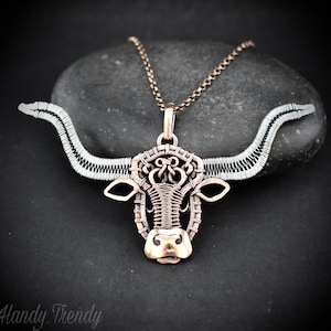 Texas longhorn cow pendant, Mix metal wire wrapped necklace, Unique handmade jewelry gift, Artisan boho style, Animal jewellery
