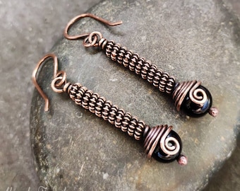 Coiled-coil onyx earring, Copper wire wrapped Dangle earrings, Unique handmade birthday gift for Wife Mom Friend Sister Her, Artisan jewelry