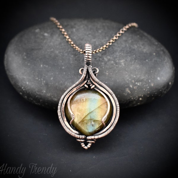 Labradorite pendant, Copper Wire wrapped necklace, Unique handmade birthday gift, One of a kind artisan boho jewelry