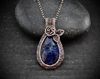 Rose pendant, Sodalite necklace, Copper wire wrapped jewelry, Unique handmade birthday Gift, One of a kind botanical necklace