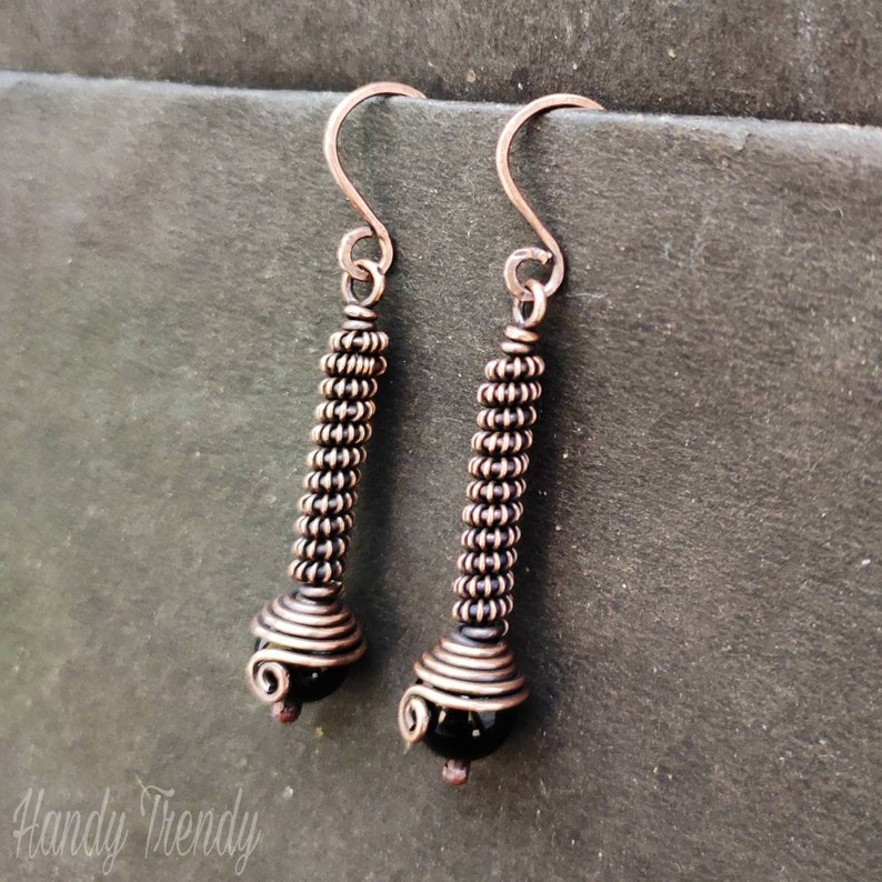 Coiledcoil Onyx Earring Copper Wire Wrapped Dangle Earrings Etsy UK