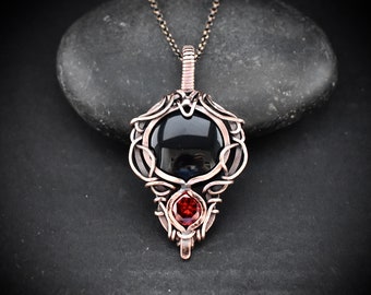 Black onyx and red cubic zirconia pendant, Free-Flow copper wire wrapped necklace, Unique handmade birthday gift, One of a kind pendant