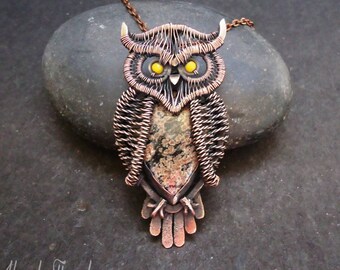 Owl pendant, Copper wire wrapped jewelry, Miniature Bird necklace, Unique handmade birthday gift for Her Mom Men Wife, Artisan boho jewelry