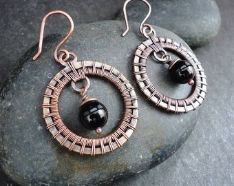 Onyx earrings, Wire wrap earrings, Copper earring handmade, Wire wrap jewelry, Dangle earrings, Casual earring, Unique gift, Artisan jewelry