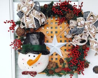 Snowman wreath for front door, rustic snowman wreath, rustic Christmas door decor, Christmas decorations for porch, farmhouse Christmas