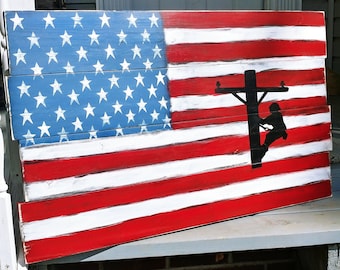 Lineman American Flag, Lineman flag, Lineman Wood Flag, Wood Lineman Flag, lineman sign, lineman silhouette sign, lineman gift, gift for him