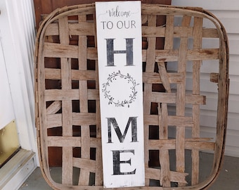 Vertical welcome to our home wood sign, welcome sign for front porch, vertical home sign, farmhouse home sign, farmhouse decor, welcome sign