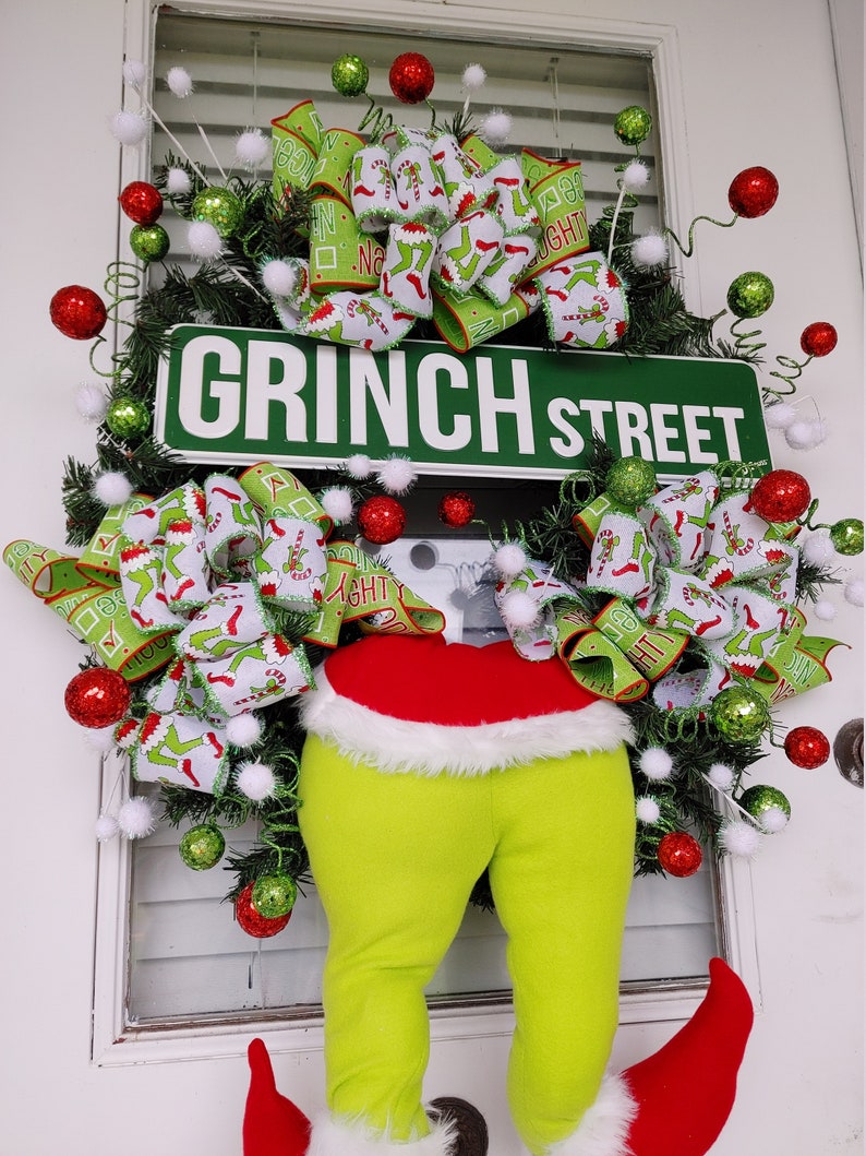 Cute Grinch Wreath or Front Door Grinch Street Wreath for Etsy