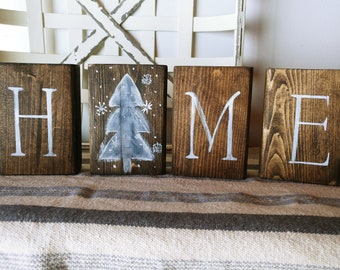 reversible home block set, fall table decor, Christmas table decor, Christmas mantle decorations , wood shelf decor, cute Christmas gift