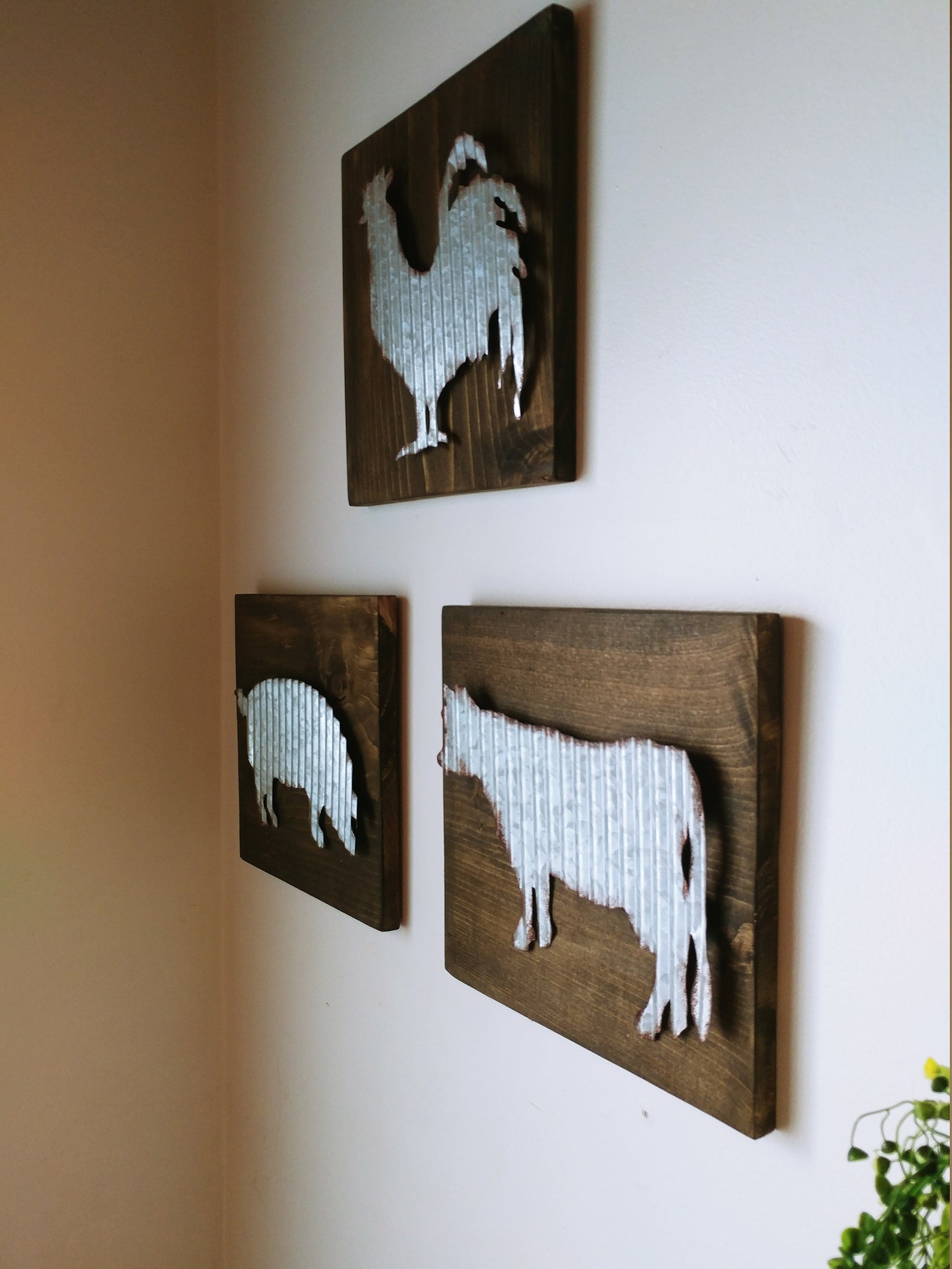 Set of 3 farm animal wood and metal wall hangings roster cow Etsy