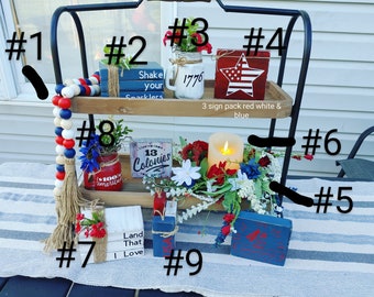 Patriotic Tiered Tray Decor Bundle, Fourth of July Tiered Tray Decor, Patriotic home decor, Red White Blue Tray Decor, mini signs, tray set