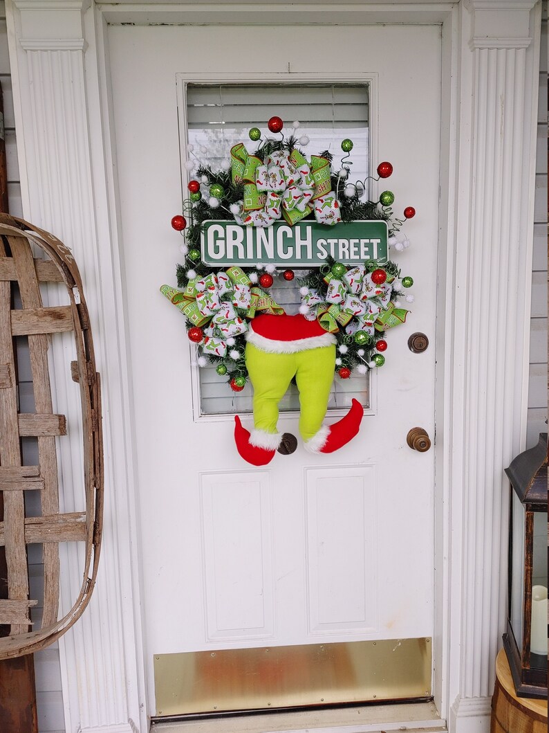 Cute Grinch Wreath or Front Door Grinch Street Wreath for Etsy