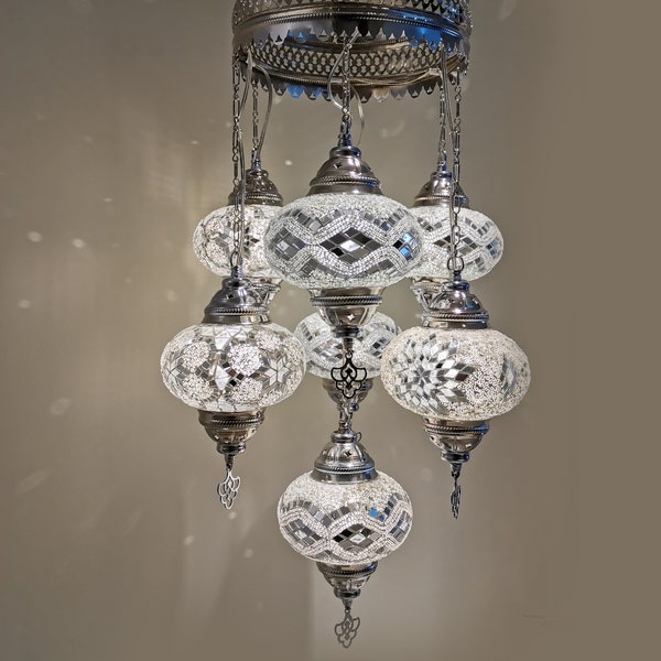 Turkish Mosaic Ceiling Lamp, Turkish Glass Chandelier, White Colorful Room Lamp, Plug in Turkish Lights, Moroccan Lantern Ceiling Lamp