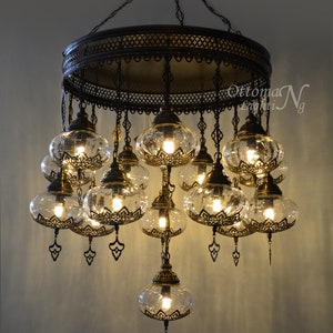 15 Globe Turkish Stunning Chandelier, Lighting Ottoman Lamps, Turkish Ceiling Light Decor, Bohemian Glass Chandelier, Plug in Turkish Lights