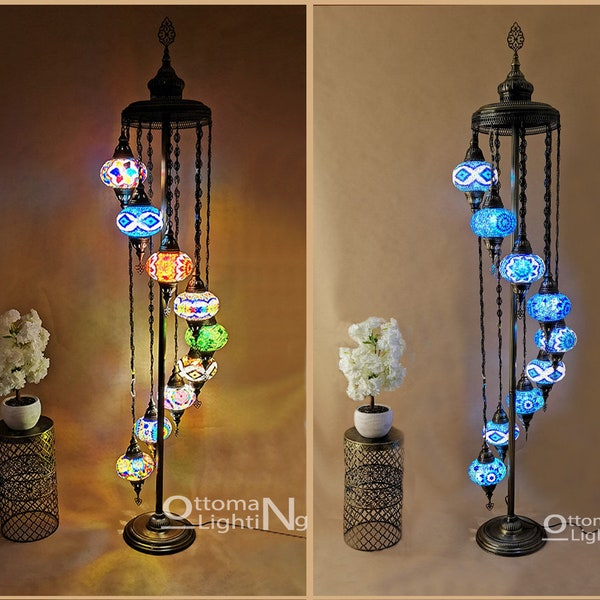 Turkish 9 Globe Mosaic Floor Lamp, Turkish Standing Corner Lights, Moroccan Mosaic Floor Lights, Moroccan Colorful Mosaic Lamp