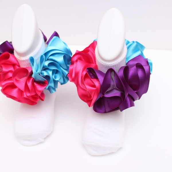 Purple, Hot Pink and Aqua Ruffle Socks |  Fluffed Socks |  Tutu Socks