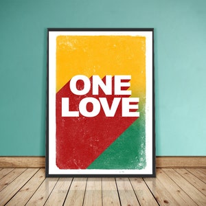 Póster imprimible de One Love, impresiones jamaicanas, arte mural de Bob Marley, decoración reggae, arte decorativo, impresión musical, arte de canciones, regalo de inauguración de la casa