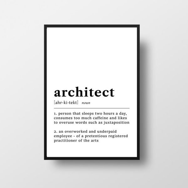 Architecte Funny Dictionary Definition Imprimable, Architecte Funny Gift, Imprime d’affiche de définition de travail, Art de mur d’architecture