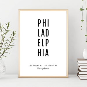 Philadelphia Printable, Philadelphia Print, Philadelphia Typography, Philadelphia Poster Wall Art, Philadelphia City Prints with Coordinates
