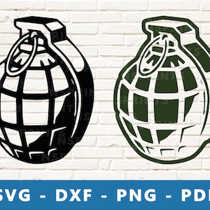 May include: Two black and green grenade silhouettes. The grenade on the left is black and the grenade on the right is green. Both grenades have a round body with a grid pattern and a handle on top.