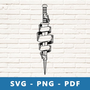 May include: A black and white illustration of a sword with a ribbon wrapped around it. The sword has a pointed tip and a cross guard. The ribbon is tied in a knot at the top of the sword.