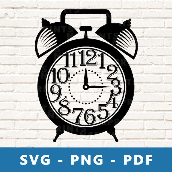 Alarm Clock SVG, Alarm Clock PNG, Retro Clock Clipart, Vintage Clock Cut File, Old Fashioned Clock Cricut Silhouette Cut File, Print At Home