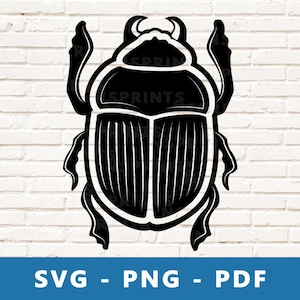 May include: Black and white silhouette of a beetle with a detailed design. The beetle has a rounded body with a segmented shell and long legs.