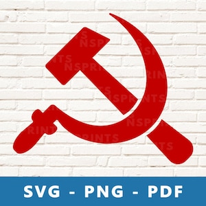 May include: A red hammer and sickle symbol, a common symbol of communism, against a white brick wall background.