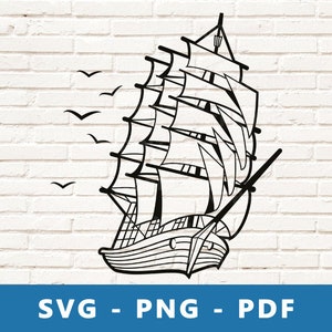 Puede incluir: Ilustración en blanco y negro de línea de un barco de vela con un juego completo de velas. El barco navega en un mar tranquilo con pájaros volando por encima.