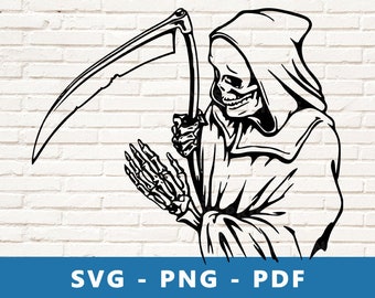 Tod SVG, Sensenmann SVG, Tod PNG, Schädel mit Sichel Clipart, Tod Schablone, Engel des Todes Cricut Silhouette Cut File, Druck zu Hause