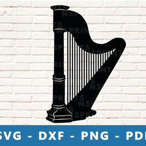 Könnte beinhalten: Eine schwarze Silhouette einer Harfe, ein Saiteninstrument.