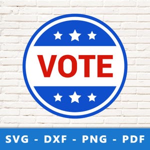May include: A blue and red circle with white stars and the word "VOTE" in red letters. The circle is on a white brick background.
