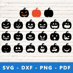 May include: A collection of Halloween-themed pumpkin designs in black and orange. The pumpkins feature various carved faces, including smiling, angry, and spooky expressions. The image also includes the text "SVG - DXF - PNG - PDF" in a blue banner.