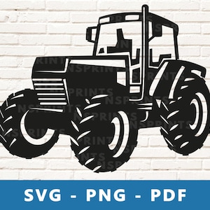 May include: Black and white silhouette of a tractor with large wheels. The tractor is facing the right side of the image.