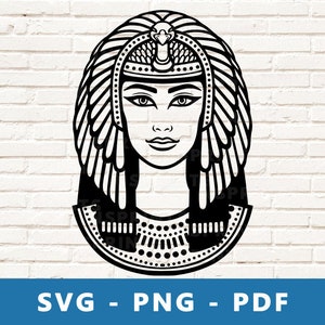 May include: Black and white line art illustration of an Egyptian queen wearing a headdress with a cobra on top. The queen has a detailed necklace and a feathered headdress.