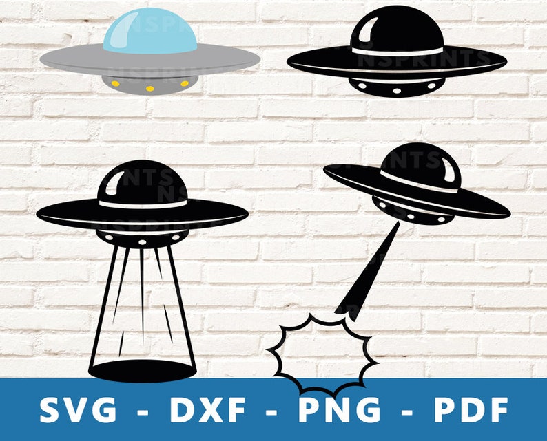 May include: Four black and white UFO silhouettes. One UFO has a blue dome and is flying horizontally. Another UFO is flying horizontally with a beam of light shooting down. The third UFO is flying horizontally. The fourth UFO is flying horizontally with a beam of light shooting down. The text "SVG - DXF - PNG - PDF" is at the bottom of the image.