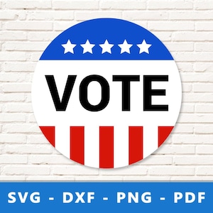 May include: A circular graphic with a blue upper section containing five white stars, a white central area with the word "VOTE" in black, and a red and white striped lower section. Set against a white brick wall.