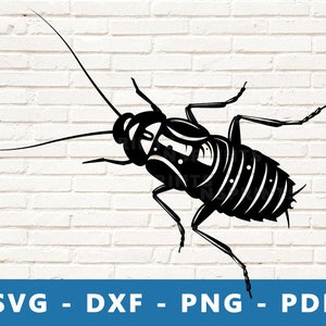 May include: Black and white silhouette of a cockroach insect with segmented body and long antennae.