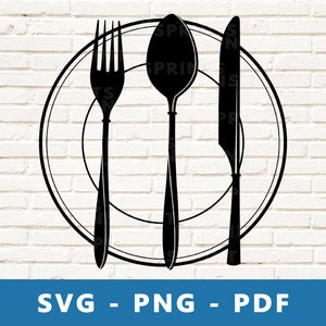 Restaurant Logo SVG, vork lepel mes in plaat SVG, vork mes lepel PNG, keukengerei clipart, vector voor Cricut silhouet, print thuis
